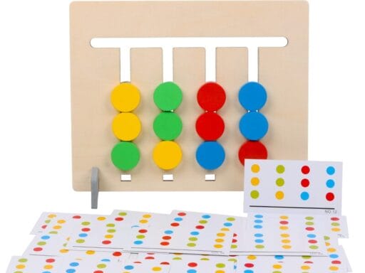 Buntes Montessori Fruchtspiel aus Holz mit farbigen Kugeln und Musterkarten zur Förderung der Farb- und Formerkennung bei Kindern.