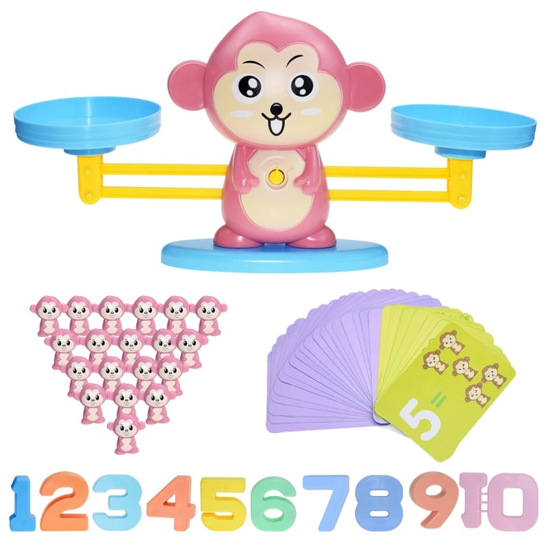 Ein kinderfreundliches Montessori Lernspielzeug, bestehend aus einer rosa Affenwaage, bunten Zahlen und gewichtigen Spielsteinen, die das Lernen von Mathematik und Gewichtsverhältnissen auf interaktive Weise fördern.