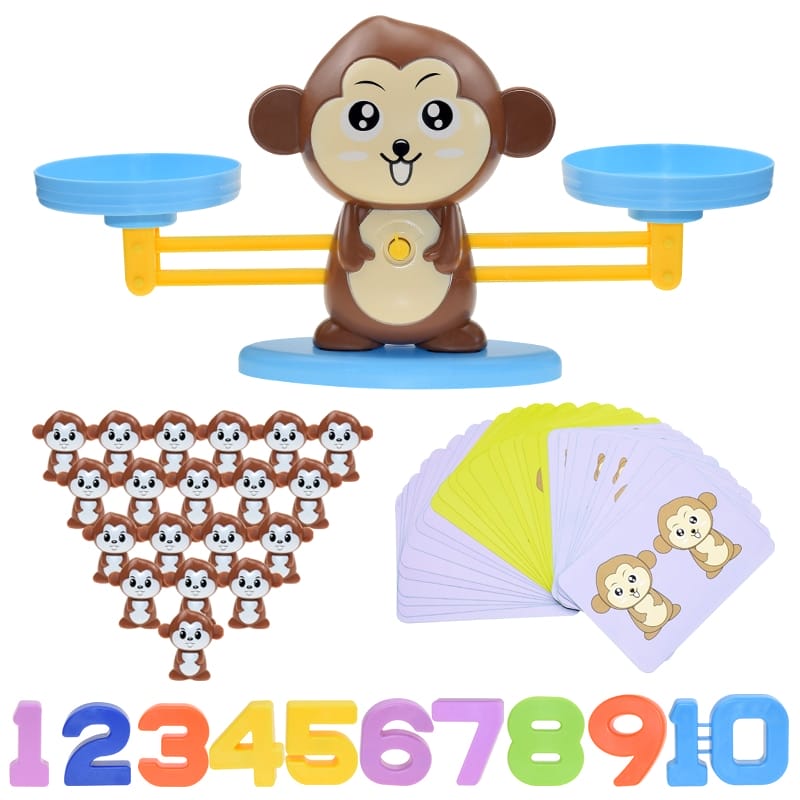 Ein buntes Montessori-Lernspielzeug, das eine Waage mit einem niedlichen Affenmotiv, Zahlen und Gewichtssteinen in Form von Äffchen darstellt, um Kindern das Konzept von Zahlen und Gewicht spielerisch näherzubringen.