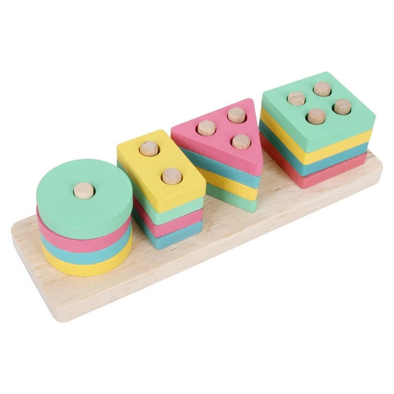 Montessori Lernspielzeug mit bunten Macaron-Farbensäulen zur Förderung der geometrischen Formerkennung.