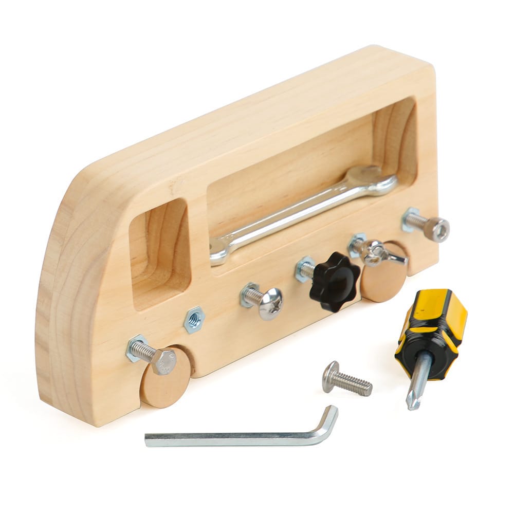 Montessori Holz Schraubbrett mit Werkzeugen und Schrauben in verschiedenen Formen und Größen, konzipiert, um Kindern praktische Lebensfähigkeiten und Problemlösung zu vermitteln.