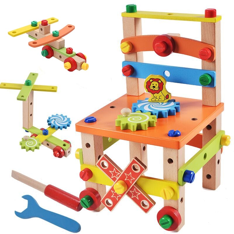 Zerlegtes und teilweise zusammengesetztes Montessori Holzspielzeug, das Kindern die Grundlagen von Mechanik und Konstruktion durch interaktives Spielen nahebringt, mit bunten Schrauben, Werkzeugen und Zahnrädern.