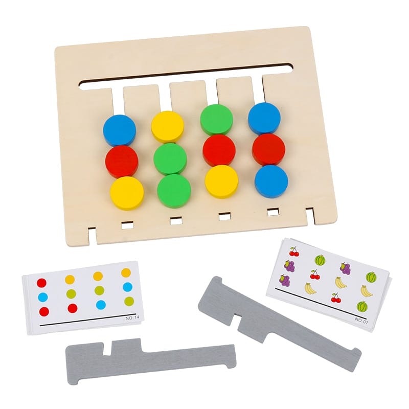 Montessori Fruchtspiel mit bunten Holzkugeln und Mustervorlagen, inklusive Standfüßen, um Kindern Mustererkennung und -zuordnung beizubringen.