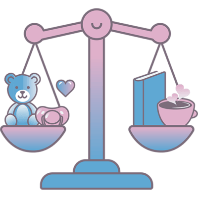 Waage mit einem Teddybären und einem Schnuller auf der einen Seite und einer Tasse Tee und Büchern auf der anderen, symbolisiert das Gleichgewicht zwischen Elternschaft und persönlichem Lebensstil.