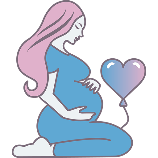Karikatur einer schwangeren Frau in blauem Kleid, die liebevoll ihren Bauch hält, symbolisch für Schwangerschaftsbedarf.