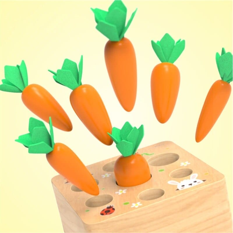 Dieses farbenfrohe Montessori Karottenziehen Spiel aus Holz ist perfekt für die Förderung feinmotorischer Fähigkeiten. Die leuchtend orangenen Karotten und das robuste Holzbrett bieten Kindern eine unterhaltsame und lehrreiche Erfahrung.
