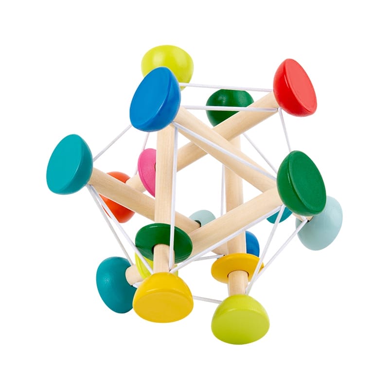 Bunter elastischer Holzgreifball, bestehend aus verschiedenen farbigen Holzscheiben verbunden durch elastische Bänder, ideal für die sensorische Entwicklung und Motorik von Babys, angeboten von EverParent.