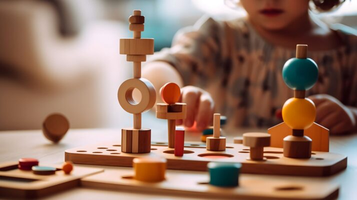 Kleinkind verbessert Feinmotorik durch Spiel mit Holzbausteinen und Formen, Konzept der frühkindlichen Entwicklung und Lernen durch Spiel