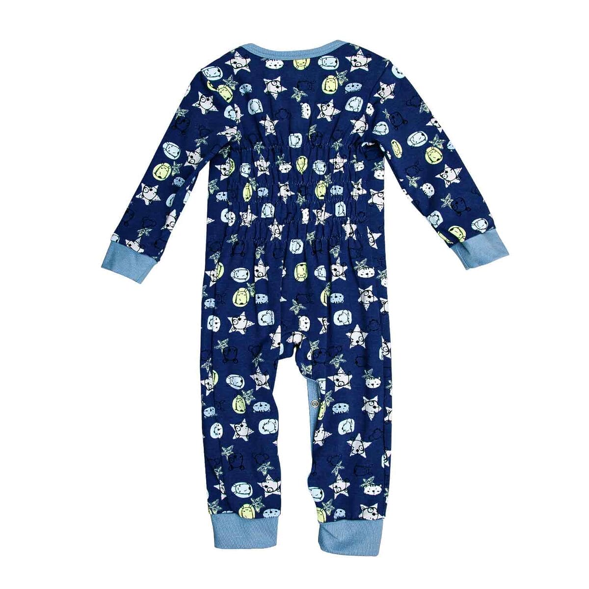 Rückansicht des dunkelblauen Babyschlafanzugs aus Bio-Baumwolle mit Tiermotiven und bequemen Bündchen an den Ärmeln und Beinen.