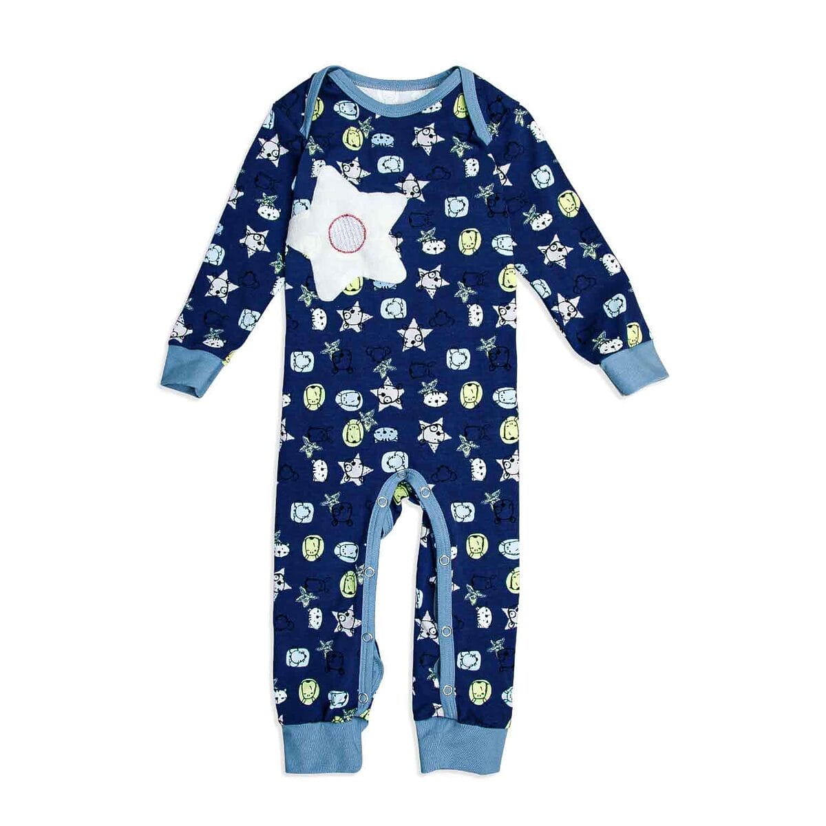Dunkelblauer Babyschlafanzug aus Bio-Baumwolle mit lustigen Tiermotiven und praktischer Öffnung, ideal für den leichten Windelwechsel.