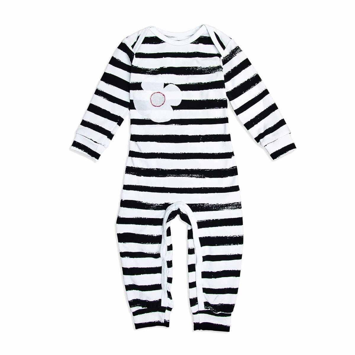 Baby-Schlafanzug in Schwarz-Weiß-Streifen aus Bio-Baumwolle, kompatibel mit MARY by sticklett Sensor-Applikation für eine sichere Überwachung.