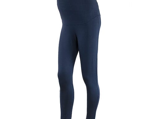 Schicke marineblaue Umstandsleggings mit hohem Taillenbund aus Tencel und Bio-Baumwolle, ideal für Komfort während der Schwangerschaft.