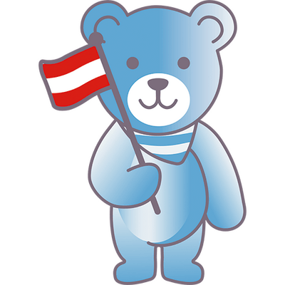 Ein charmantes Logo von EverParent, dargestellt durch einen lächelnden, himmelblauen Bär mit einem gestreiften Halstuch, der eine österreichische Flagge schwingt, repräsentiert die Versandinformationen für Lieferungen nach Österreich.