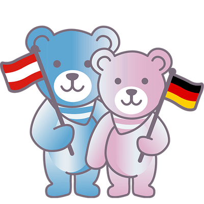 Illustrierte Teddybären mit österreichischer und deutscher Flagge symbolisieren Versandoptionen von EverParent nach AT und DE