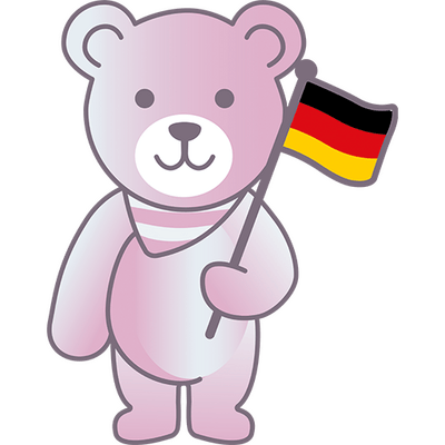 Das Logo von EverParent, ein freundlich lächelnder, blassrosa Bär mit einem Dreieckstuch und einer Deutschlandfahne, symbolisiert die Versandinformationen für Bestellungen nach Deutschland.