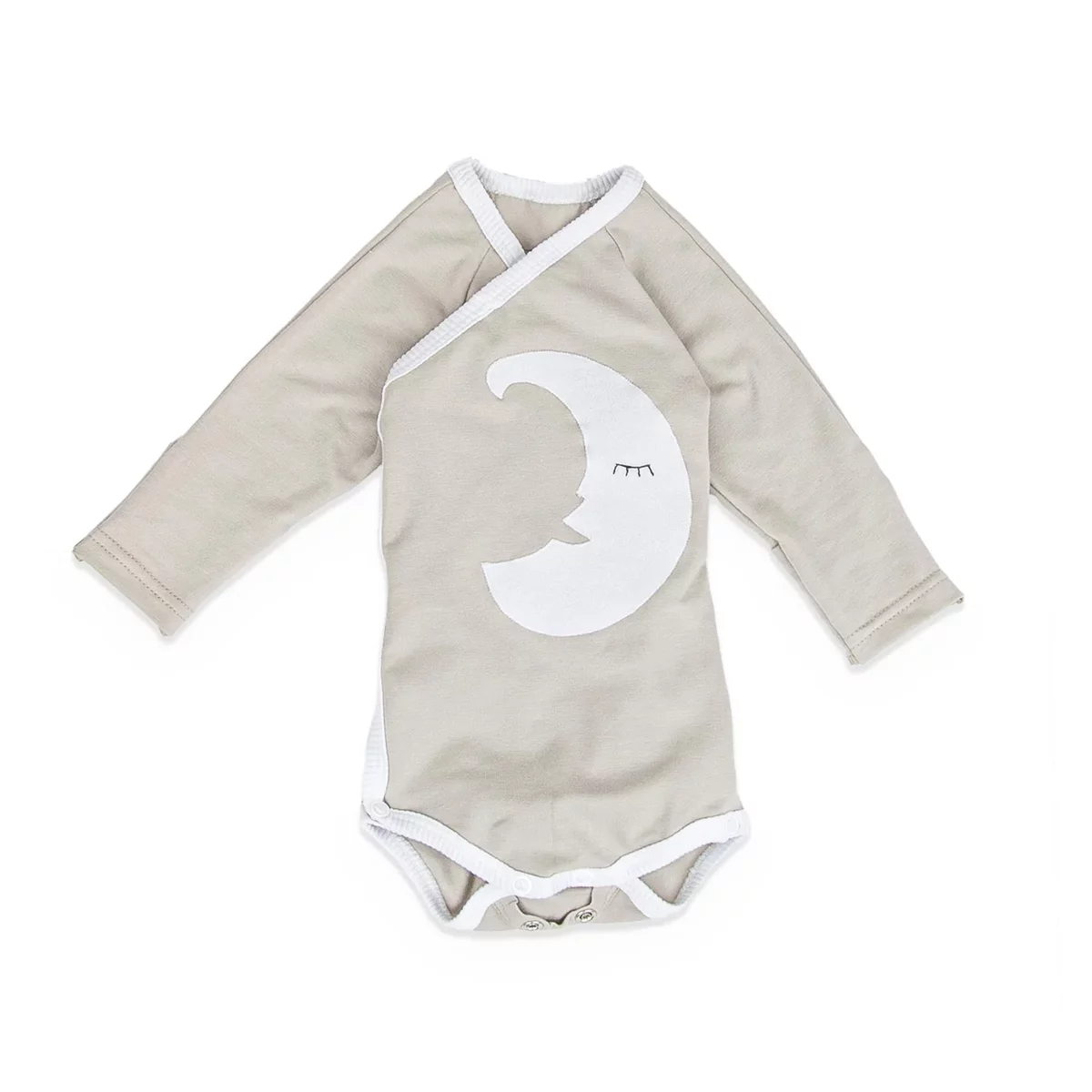 Bequemer Baby Wickelbody in Grau-Beige mit Langarm und zartem Monddesign, aus Bio-Baumwolle, sanft zur Babyhaut