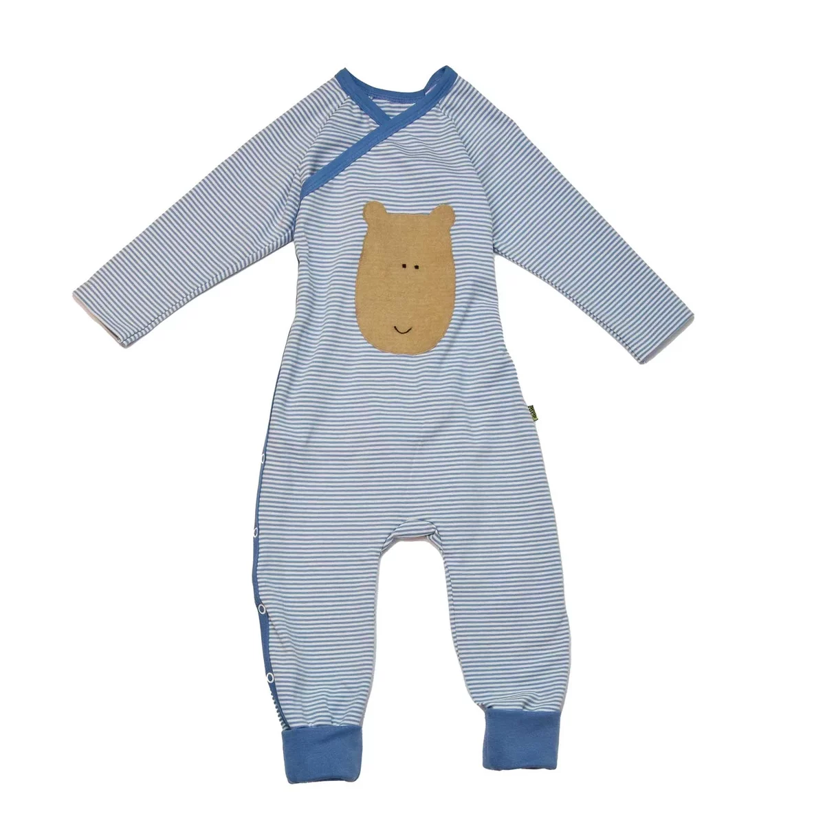 Bio-Baumwolle Baby-Wickelstrampler Schlafanzug in Eisblau mit feinen Streifen und Bärenapplikation, komfortabel und weich für ruhigen Schlaf.