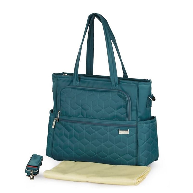 Elegante hochwertige grüne Wickeltasche mit Steppmuster und wasserabweisender Oberfläche, inklusive Wickelunterlage und Schlüsselanhänger.