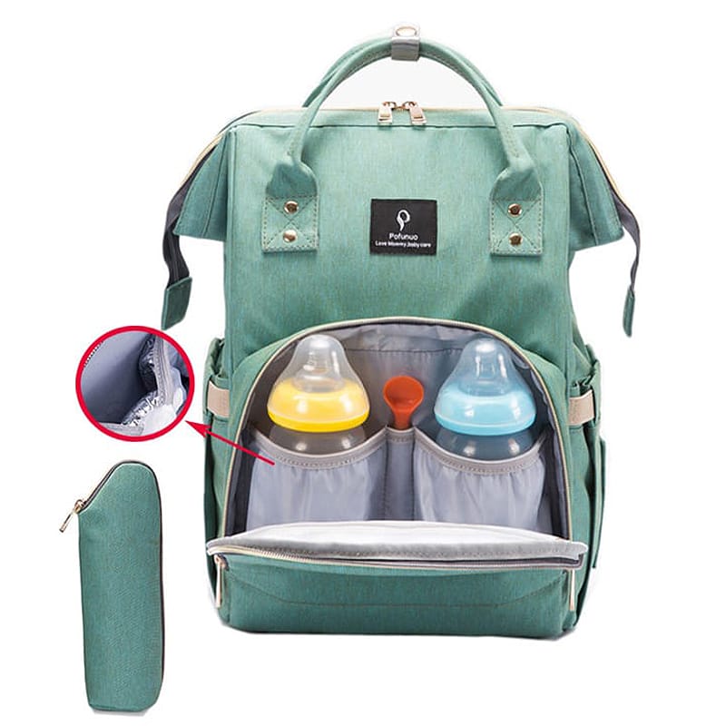 Praktischer und wasserdichter türkisfarbener Wickelrucksack mit integriertem USB-Anschluss und organisierten Fächern für Babyflaschen, ideal für unterwegs.