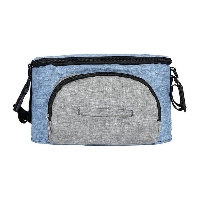 Vielseitige, wasserfeste Wickeltasche in Blau mit grauen Akzenten, kompatibel mit Kinderwagen, ideal für unterwegs.