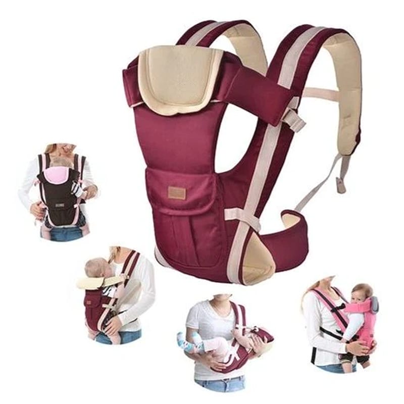 Vielseitige Anwendungsmöglichkeiten eines atmungsaktiven Babytrage-Rucksacks in edlem Bordeauxrot, für Komfort zu jeder Zeit.