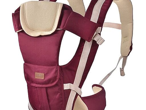 Ergonomischer atmungsaktiver Babytrage-Rucksack in Bordeauxrot, ausgestattet mit einem weichen Kopfpolster für zusätzlichen Komfort.