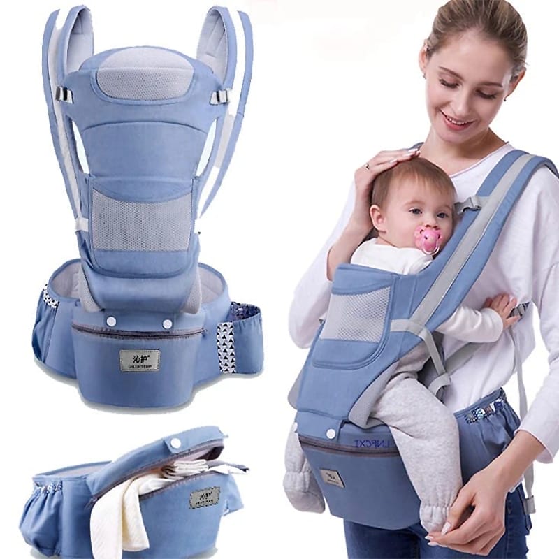Ergonomische Babytrage in Blau, 3-in-1-Funktion, für Babys von 0 bis 48 Monate, mit weichen, atmungsaktiven Materialien.