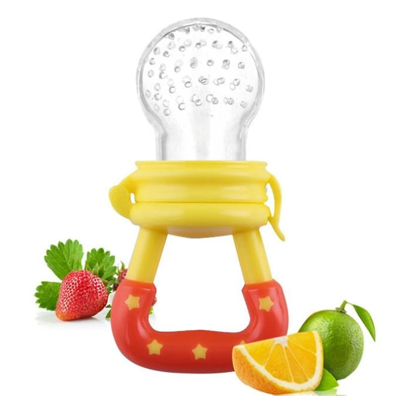 Fruchtsauger Schnuller in Gelb und Rot, für Babys zur Erleichterung des Zahnens und zur Einführung von festen Nahrungsmitteln.