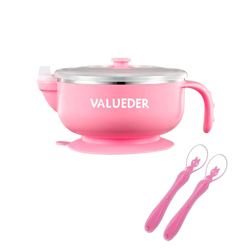 Pinkes Baby Saugnapfschüssel Set mit 2er-Set weichem Silikonlöffel, markiert mit VALUEDER, für sicheres Essenlernen.