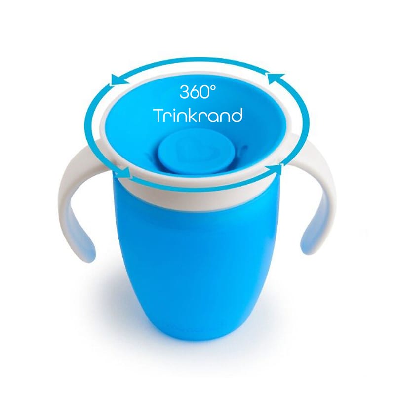 Blauer Baby-Trinklernbecher mit innovativem 360-Grad-Trinkrand und ergonomischen Griffen für leichtes Trinken lernen.