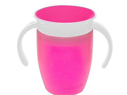 Lebhafter rosa Baby-Trinklernbecher mit auslaufsicherem Deckel und ergonomischen Griffen für sicheres Trinken.