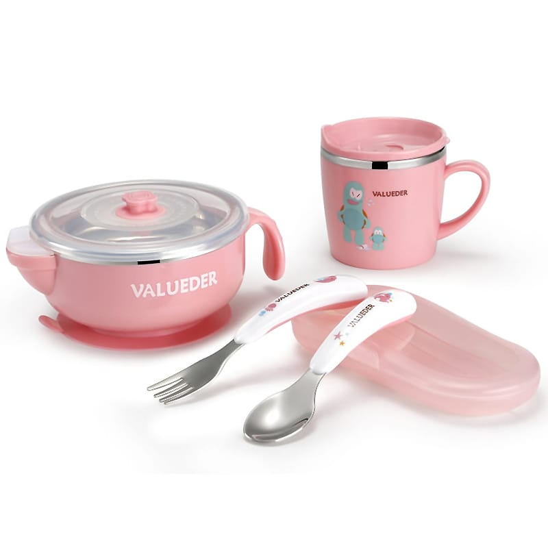 Robustes rosafarbenes Edelstahl-Babygeschirr-Set von VALUEDER, inklusive Schüssel mit Deckel, Becher und Besteck, ideal für Babys erste Mahlzeiten.