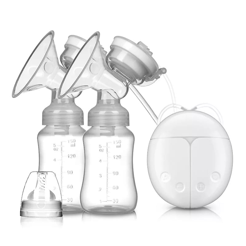 Moderne elektrische Doppelmilchpumpe mit transparenten Flaschen und weichem Pumpaufsatz, Effizienz und Komfort beim Abpumpen.