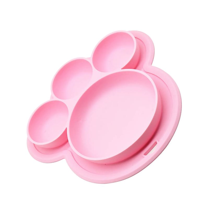 Kinder Silikon Teller in süßer Bärenpfoten-Form mit Saugnapf in zartem Rosa, perfekt für spielerische und sichere Mahlzeiten.