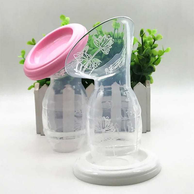 Silikon Handmilchpumpe in transparent und rosa, Blumendesign, praktisch und dekorativ.